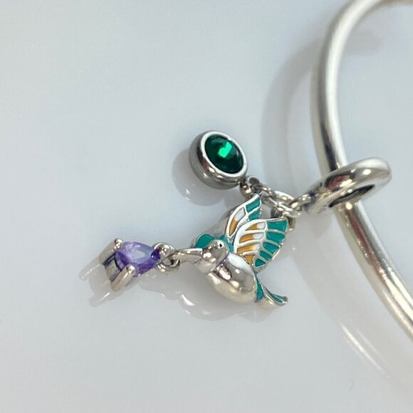 Sterling Silver Enamel Bird with Amethyst CZ Drop & Birthstone Dangle Charm - Picture 7 of 7